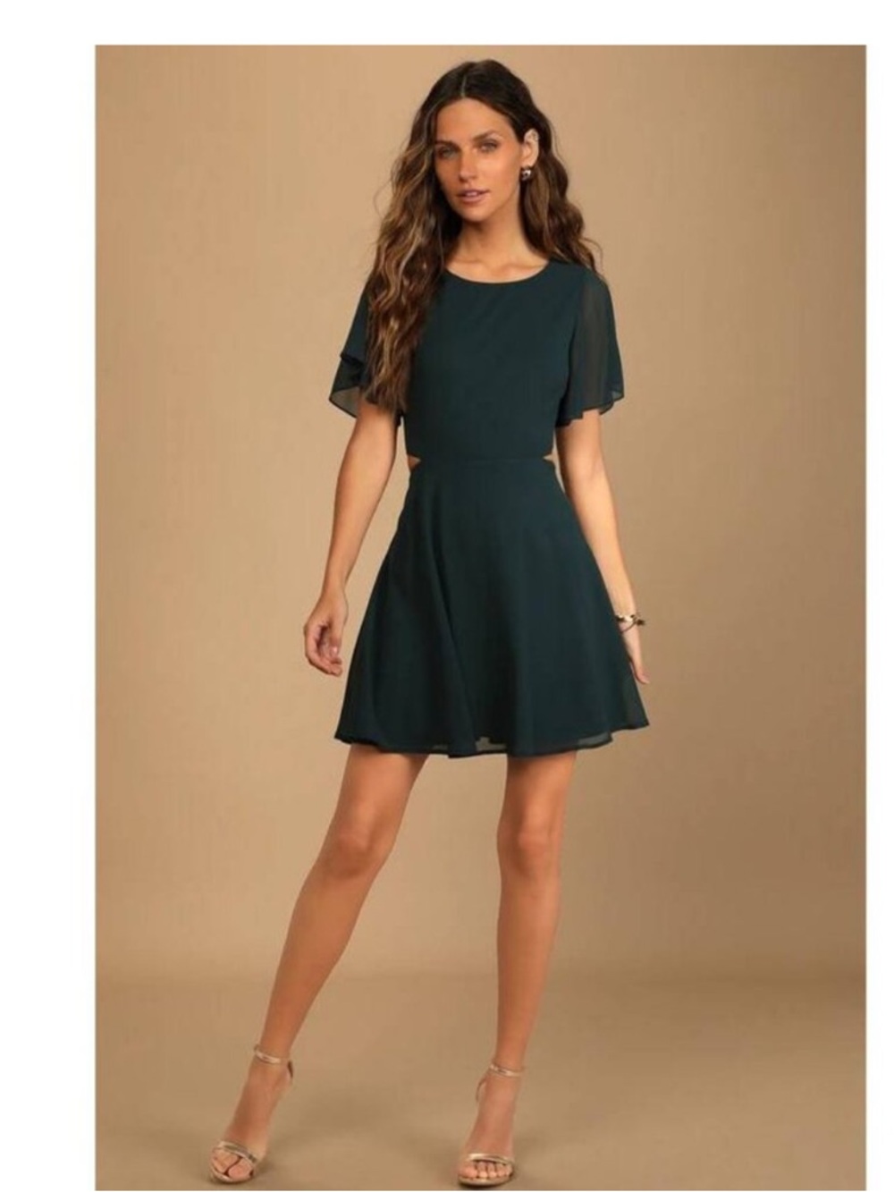 NWT Lulus Blissful Love Cutout Mini Skater Dark Green Flutter Sleeve